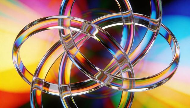 Interlocking glass rings refracting rainbow light, abstract crystal loops and prism glow