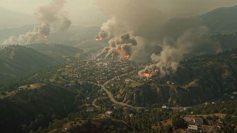 Wildfire airstrikes blaze ravages mountain valley area with billowing smoke