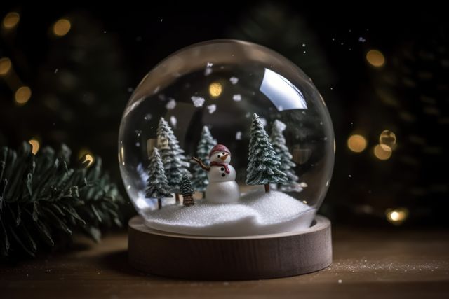 Capturing a festive snowy scene inside a glass globe, this image displays a charming snowman surrounded by small pine trees with warm Christmas lights in the background. Ideal for holiday greeting cards, festive advertisements, winter-themed decorations, and social media posts during the holiday season.