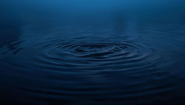 Rippling Concentric Rings Spreading Across Dark Blue Water Surface Twilight