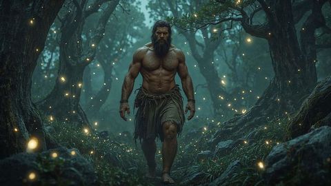 Caveman walking in a fantasy woodland