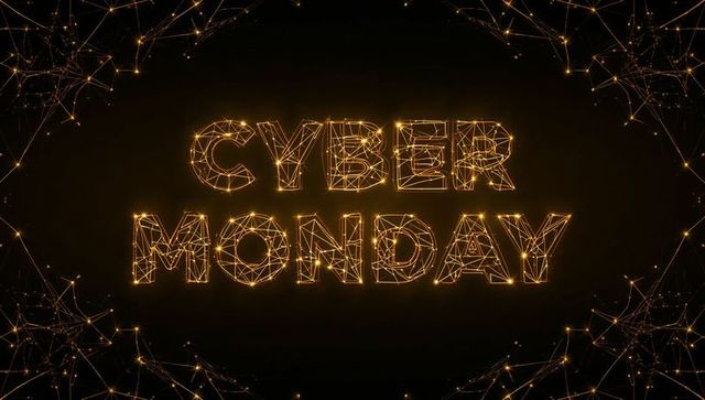 Glowing Cyber Monday Text Formed from Golden Digital Mesh and Sparkling Network Nodes