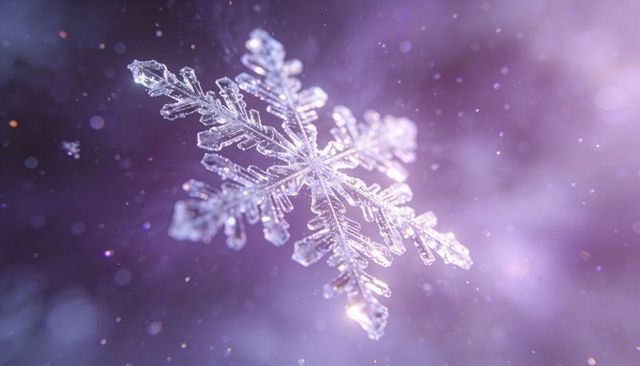 Glowing macro snowflake crystal showcasing hexagonal facets and iridescent pastel bokeh
