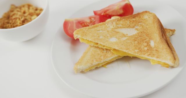 Image of freshly prepared cheese white bread sandwich with tomatoes on white plate - Download Free Stock Photos Pikwizard.com