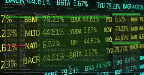 Cyber data dashboard displaying layered stock tickers, terminal code on neon monitors