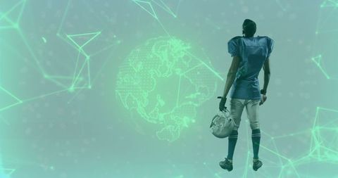 Futuristic Football: Athlete Engaging with Digital Hologram Earth