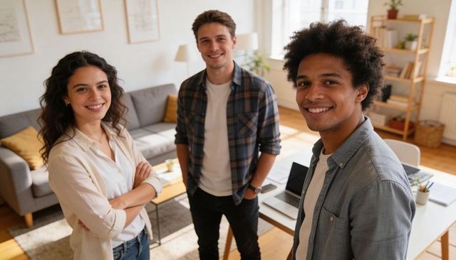 Smiling young professionals collaborating in bright home office for startup teamwork