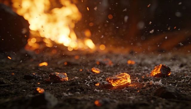 Glowing ember macro emitting molten glow and floating sparks over ashy ground with bokeh flames