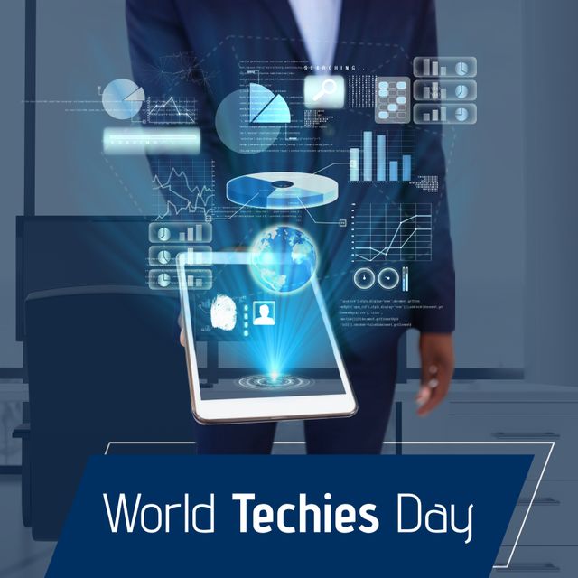 This image depicts an African American businessman holding a tablet with holographic data interface, celebrating World Techies Day. The futuristic elements showcase innovation and the role of technology in modern business. This can be used for promoting tech events, articles on digital transformation, corporate events, or technology blogs.