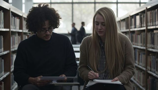 Two students studying together in library aisle, writing notes and using tablet