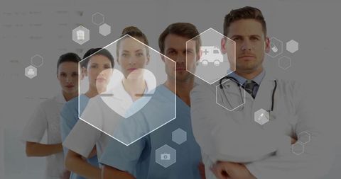 Healthcare team standing united with digital hex icons showing clinical collaboration