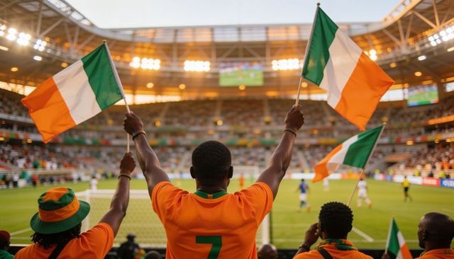 Fans waving green white orange tricolor flags cheering in stadium wearing orange jerseys