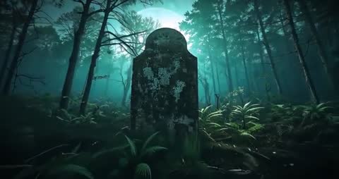 Moonlit Fog Surrounds Enigmatic Grave in Misty Forest