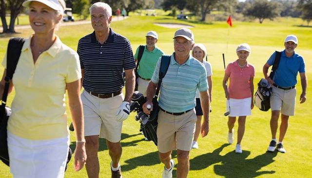 Active senior golfers walking on sunny fairway carrying clubs smiling and socializing
