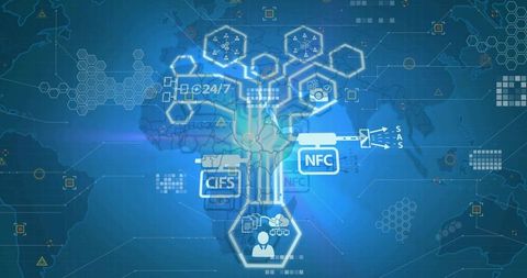 Global NFC Network Hub Visualizing Hexagonal Data Streams and User Connectivity