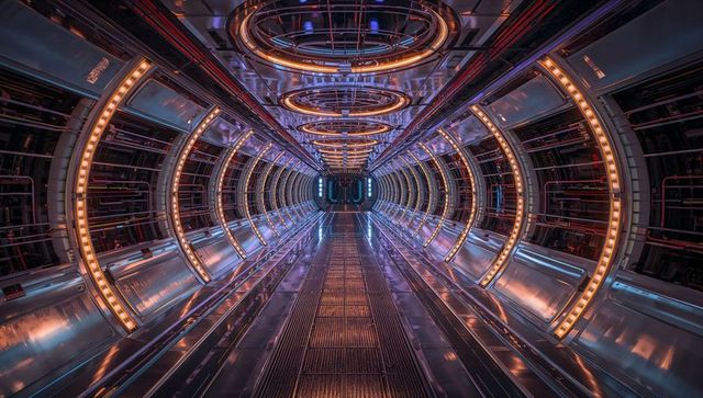 Futuristic spacecraft corridor with led and steel design