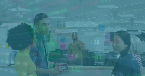 Diverse Team Collaborating with Financial Data Projection Overlay