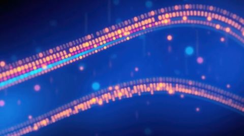 Futuristic glowing digital waveforms with light particles