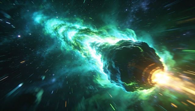 Soaring spacecraft hull trailing teal plasma nebula, emitting orange exhaust in space