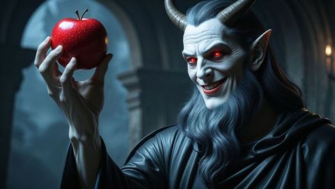 Sinister horned satan holding apple in gothic hall