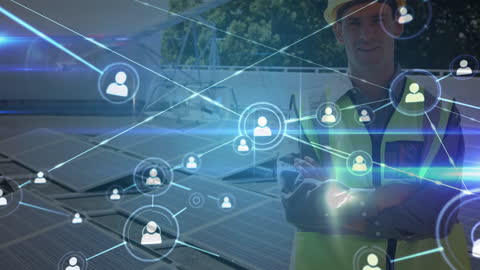 Engineer Standing by Solar Panels with Digital Network Overlay