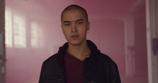 A young man wearing a leather jacket and a septum piercing stands confidently in an indoor urban environment with pink smoke in the background. Ideal for highlighting themes of individuality, contemporary youth culture, and self-expression in marketing campaigns, advertisements, or editorial content.