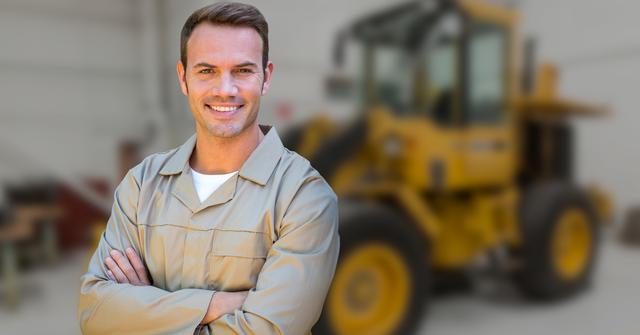 Represents a confident construction worker standing with arms crossed and smiling. Ideal for illustrating themes related to construction, labor, industrial workplaces, and safety at work. Can be used in articles, advertisements, safety training materials, and company brochures highlighting employee profiles or construction projects.