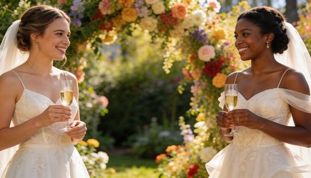 Two brides toasting under floral arch in sunlit garden wedding ceremony