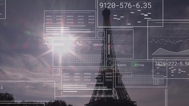 Silhouette of the Eiffel Tower stands in the background as transparent data charts, graphs, and numeric codes overlay, representing a digital communication network. This illustration encapsulates themes of technology, financial analytics, connectivity, and global commerce, fitting for websites or materials related to digital business innovation, multinational company presentations, fintech visuals, or technological advancements.