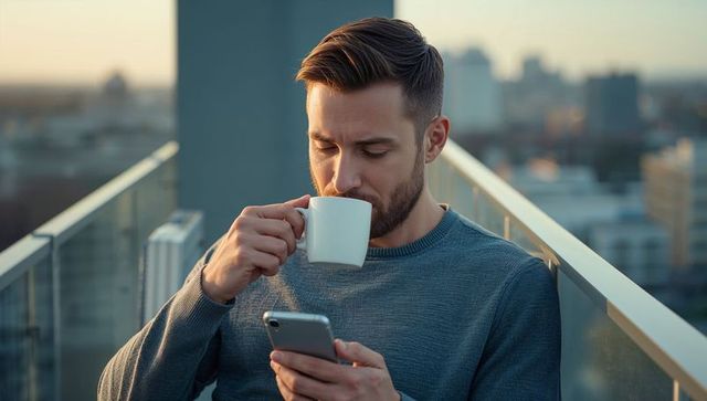 Urban lifestyle: man enjoying coffee and smartphone on high-rise balcony