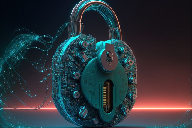 Composition of padlock over network of connections and neons, created using generative ai technology. Padlock and cyber security concept digitally generated image.