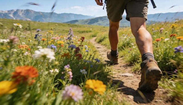 Hiker walking through alpine wildflower meadow on sunlit mountain trail