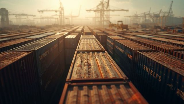 Shipping containers lined across hazy industrial seaport at sunset