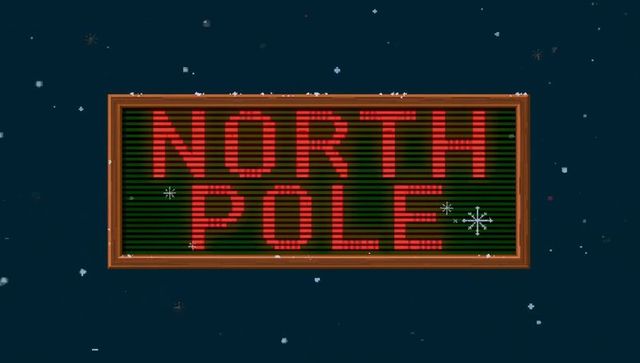 Retro wooden north pole sign with red led letters, snowfall on dark night holiday graphic