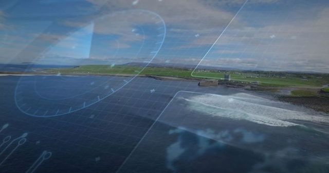 Futuristic aerial view of coastline with digital navigation overlay