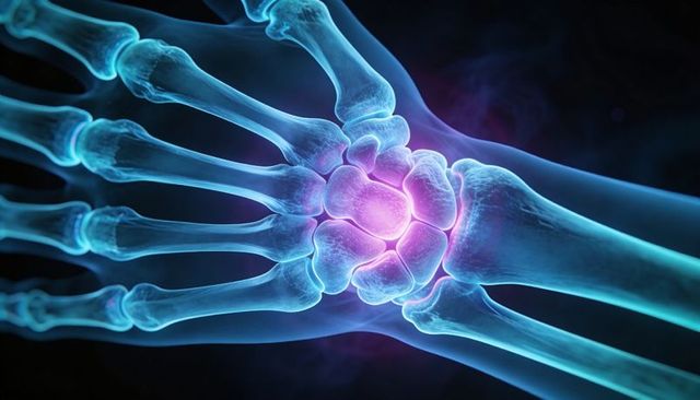 Glowing wrist skeleton highlighting inflamed carpal bones 3D medical visualization