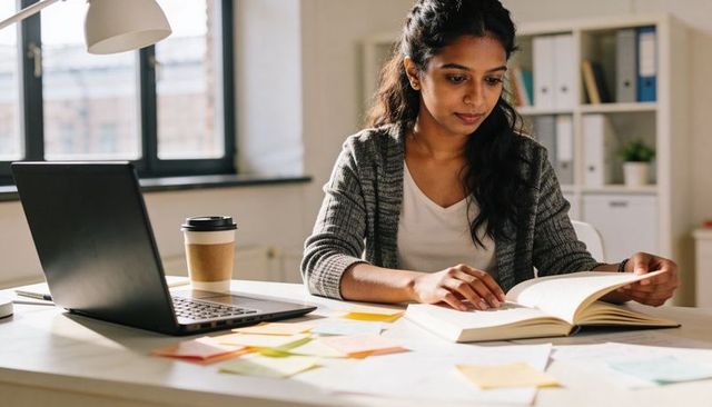 Indian woman reading and working from home with laptop, open book, coffee, daylight desk