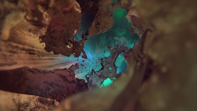 Peeled rusted metal with turquoise glow in industrial setting