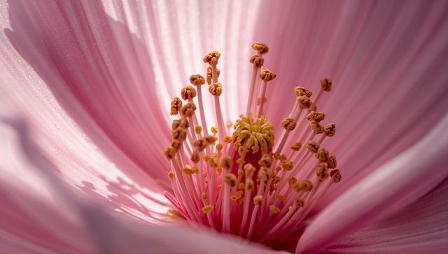 Macro closeup of pink flower center revealing pistil, stamens, golden pollen and petals