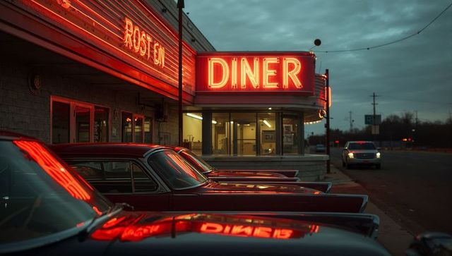 Neon-lit retro diner facade with vintage cars at twilight