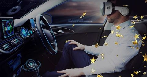 Driver Using VR Headset in High-Tech Car with Holograms