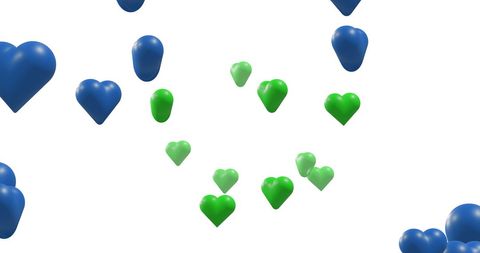Floating Blue and Green Hearts on White Background