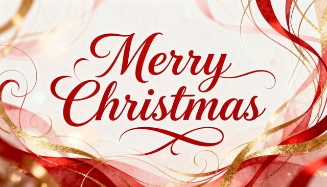 Merry christmas elegant red script with gold flourishes and ribbon swirls for holiday
