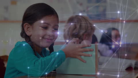 Children in Classroom with Digital Network Overlay