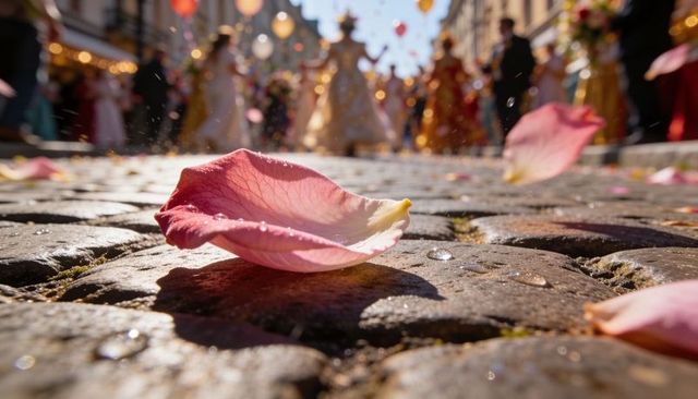 Pink rose petal lying on wet cobblestones during vibrant parade with golden costumes