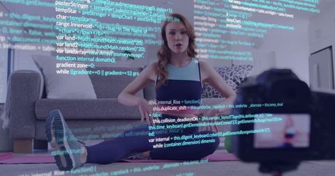 Fitness Influencer Filming Workout Video with Digital Coding Overlay