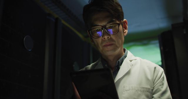 Asian scientist in white lab coat working in dimly-lit modern laboratory, concentrating on tablet screen. Suitable for use in science, research, technology, innovation, and professional environments.