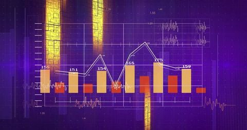 Futuristic digital analytics display with bar and line charts
