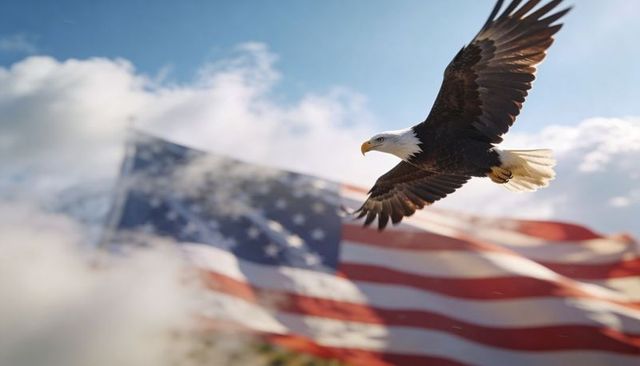 Soaring bald eagle above waving american flag symbolizing freedom and patriotism