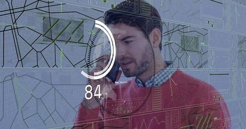 Man speaking on smartphone consulting futuristic HUD with data visualization overlay and gauge 84